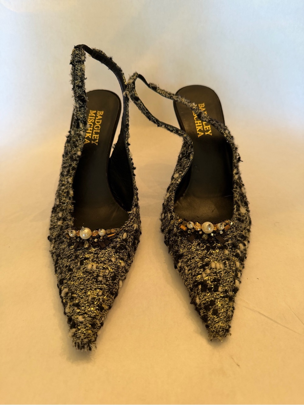 Badgley Mischka Black Tweed Pointed Slingback Mules with Pearl & Crystal Detail